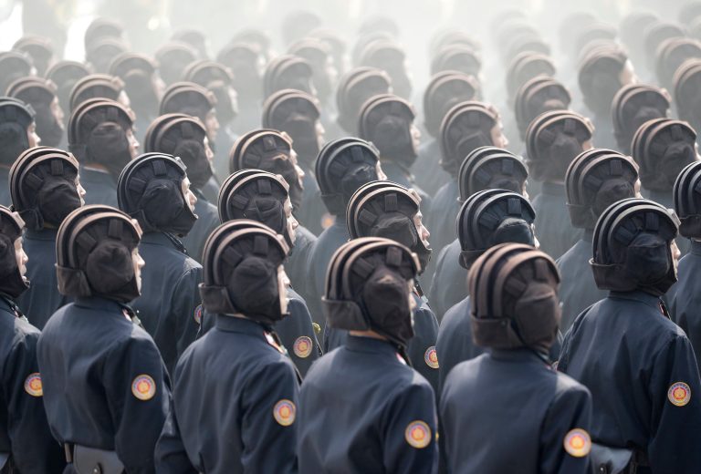 Soldiers march across Kim Il Sung Square during a military parade Saturday, April 15, 2017, in Pyongyang, North Korea to celebrate the 105th birth anniversary of Kim Il Sung, the country's late founder and grandfather of current ruler Kim Jong Un. (AP Photo/Wong Maye-E)
