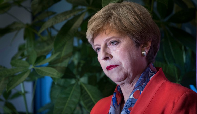 The Conservative campaign featured Theresa May in capital letters and Conservatives in minuscule type. (Stefan Rousseau/PA via AP)