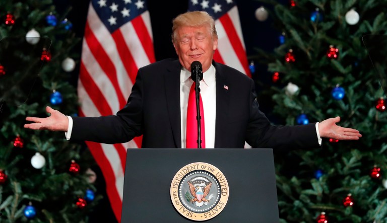 President Trump was speaking about tax reform Wednesday at an event in St. Charles, Mo., when he took a brief moment to mock North Korea's leader Kim Jong Un. (AP Photo/Jeff Roberson)