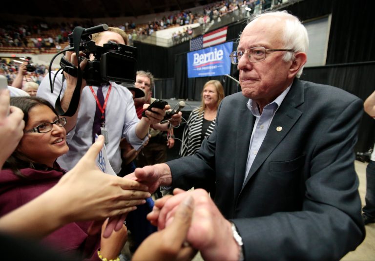 Democratic presidential candidate, Sen. Bernie Sanders shakes hands with supporters after speaking at a political rally in Madison, Wis., Wednesday, July 1, 2015. (Michael P. King/Wisconsin State Journal via AP)