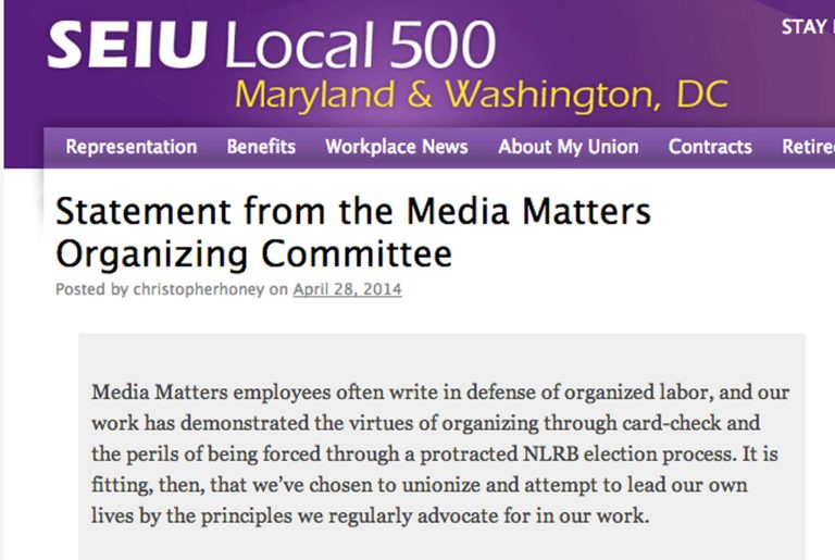 A group of employees for the liberal nonprofit watchdog group Media Matters for America issued a statement late Monday stating that they "feel betrayed" by management's refusal to recognize their bid to join a union. (Screenshot of the statement issued by Media Matters for America)