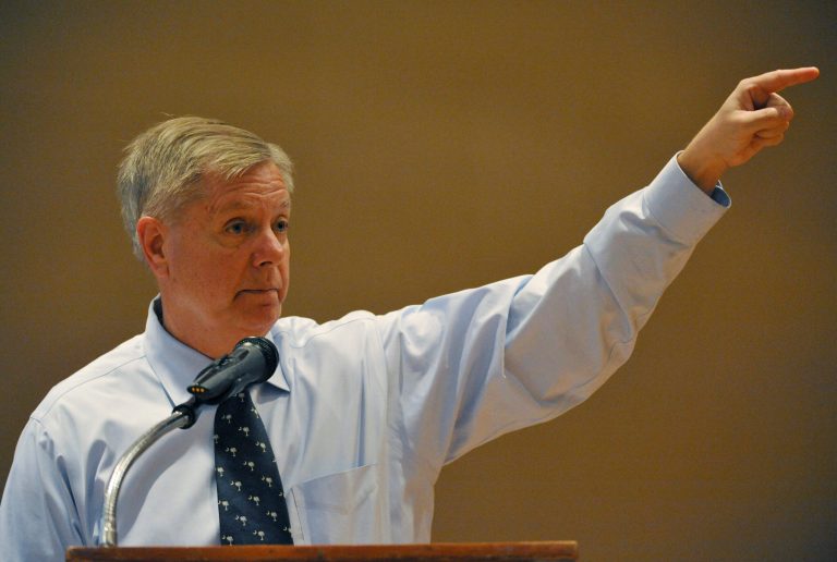 Sen. Lindsey Graham speaks during a campaign stop at American Legion Post 20 on April 23 in Greenwood, S.C. (AP/Rainier Ehrhardt)