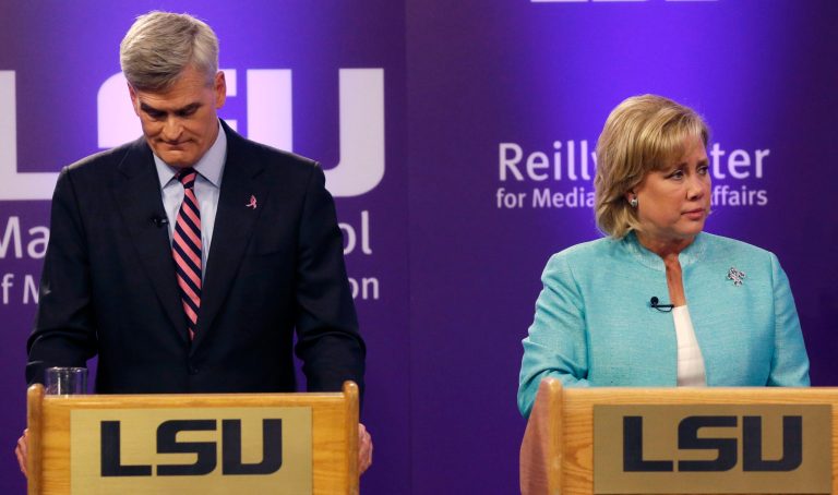 Sen. Mary Landrieu, D-La., and Rep. Bill Cassidy, R-La., participate in a Senate race debate on the LSU campus in Baton Rouge, Wednesday, Oct. 29, 2014. (AP Photo/Gerald Herbert)