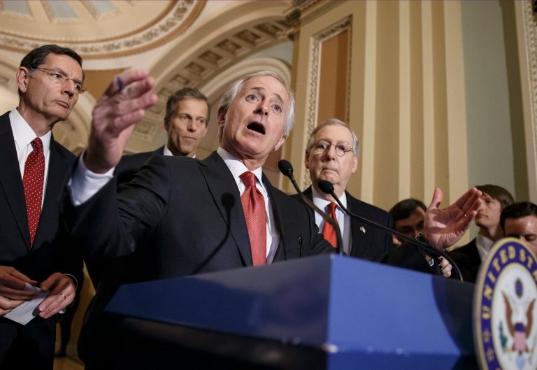 Senate Foreign Relations Committee Chairman Bob Corker, R-Tenn., outlines his bipartisan bill requiring congressional review of any comprehensive nuclear agreement that President Obama reaches with Iran, at the Capitol in Washington, Tuesday, March 3, 2015. He is joined at rear, from left, by, Sen. John Barrasso, R-Wyo., Sen. John Thune, R-S.D., and Senate Majority Leader Mitch McConnell, R-Ky. (AP Photo/J. Scott Applewhite)