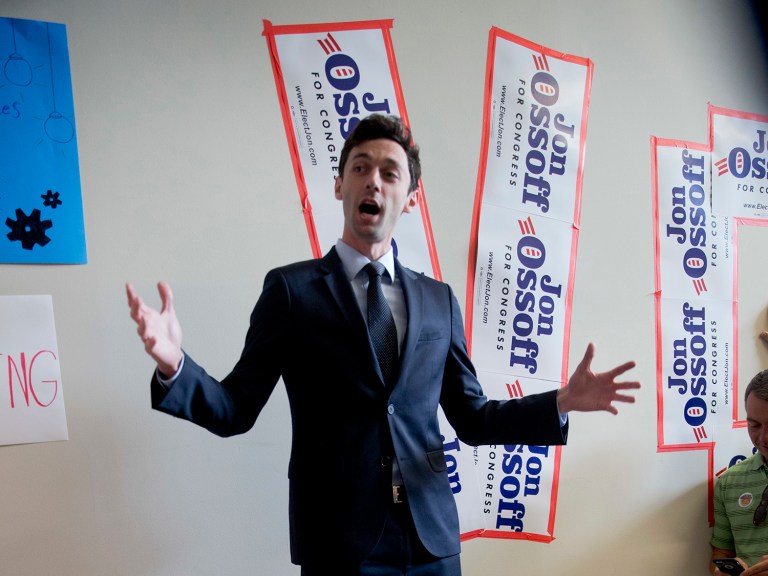 Democratic candidate for Georgia's Sixth Congressional seat Jon Ossoff talks with supporters at a campaign field office Tuesday, April 18, 2017, in Marietta, Ga. Voters began casting ballots on Tuesday in the special election to fill the House seat vacated by Health and Human Services Secretary Tom Price. (AP Photo/John Bazemore)
