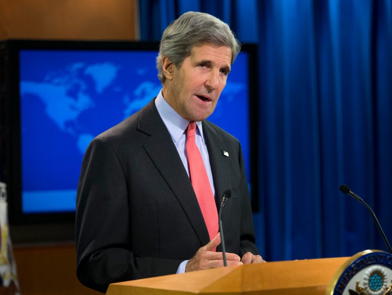   Secretary of State John Kerry gestures during a statement on the ongoing situation in Egypt before the start of a press briefing at the State Department in Washington, Wednesday, Aug. 14, 2013. Kerry said the violence in Egypt is deplorable and is a serious blow to reconciliation efforts. He says it runs counter to Egyptians' aspirations for peace. (AP Photo/Evan Vucci)  