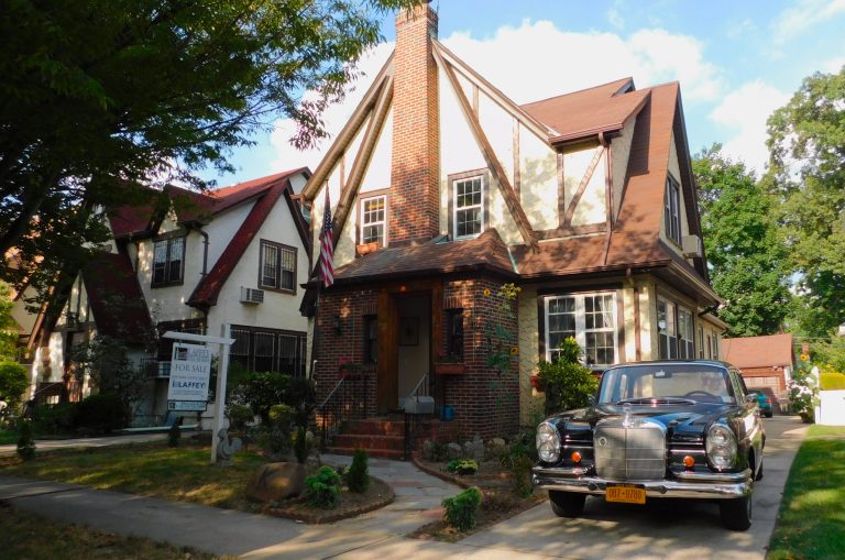 The five-bedroom Tudor-style estate is located on Wareham Place in the Jamaica Estates neighborhood of Queens. (Image courtesy screenshot)