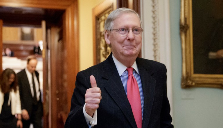 Score one for Majority Leader Mitch McConnell and 21 Senate Republicans. Less than a week after they urged the White House to finally pull out of the Paris climate agreement, President Trump has conceded. (AP Photo/J. Scott Applewhite)