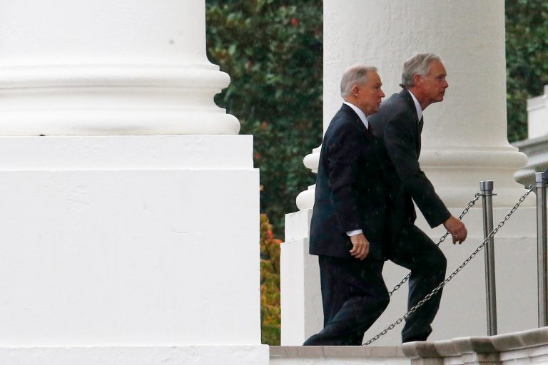 Sens. Ron Johnson, R-Wis., and Jeff Sessions, R-Ala., arrive with other Republican senators at the North Portico of the White House on Friday to meet with President Barack Obama regarding the government shutdown and debt ceiling. (AP/Charles Dharapak)