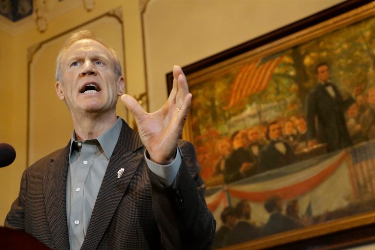 Illinois Gov. Bruce Rauner speaks to reporters during a news conference in his office at the Illinois State Capitol Monday, Feb. 9, 2015, in Springfield, Ill. (AP Photo/Seth Perlman)