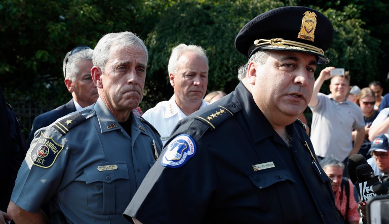 Capitol Hill Police Chief Matthew Verderosa, right, with Alexandria, Va. Police Chief Michael Brown, left, discuss the shooting of House Majority Whip Steve Scalise of La. at a congressional GOP baseball practice. (AP Photo/Alex Brandon)