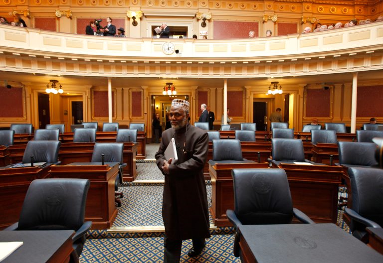 The Dar Al-Hijrah center received a bomb threat and Molotov cocktails were thrown in the parking lot. (AP Photo/Steve Helber)