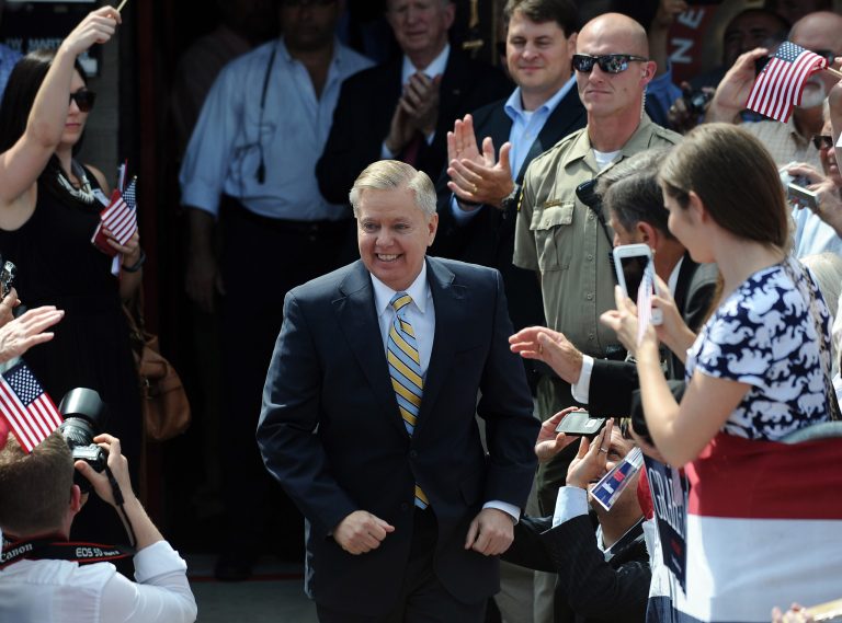 Sen. Lindsey Graham, R-S.C. arrives to announce his bid for the presidency, Monday, June 1, 2015, in Central, S.C. Graham opened his campaign for the Republican presidential nomination Monday with a grim accounting of 