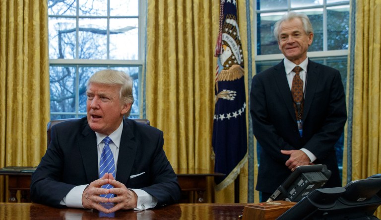 National Trade Council adviser Peter Navarro, right, said he is not a candidate to replace former top White House economic adviser Gary Cohn. (AP Photo/Evan Vucci)