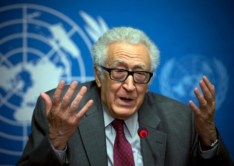 U.N. mediator Lakhdar Brahimi gestures during a press briefing at the United Nations headquarters in Geneva, Switzerland, Monday, Jan. 27, 2014. Syrians on opposite sides of their countryâs civil war tried again Monday to find common ground, with peace talks focusing on an aid convoy to a besieged city that once more came under mortar attack from the government. (AP Photo/Anja Niedringhaus)