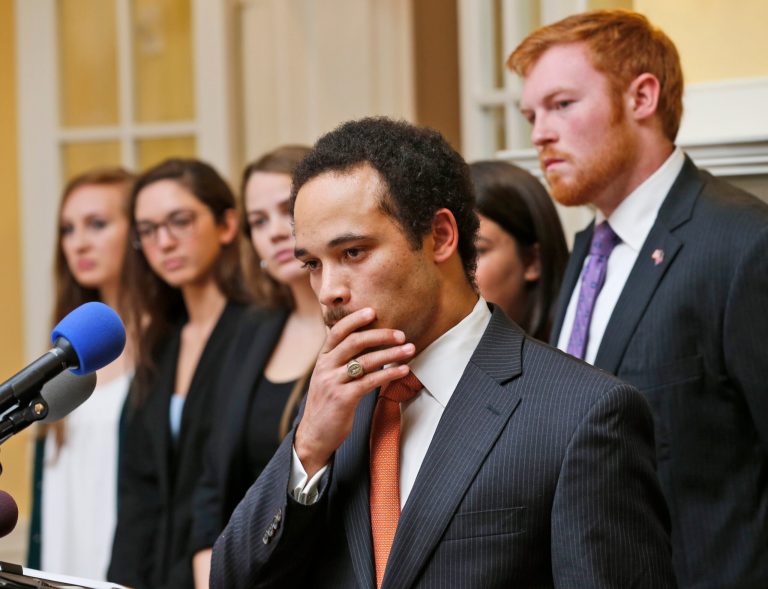 Jalen Ross, president of the University of Virginia student council, ponders a question during a news conference at the University of Virginia in Charlottesville, Va., in November. (AP Photo)Â 