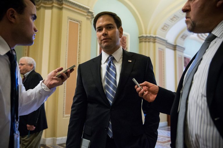 Florida Senator Marco Rubio joins fellow Tea Party senator Rand Paul in getting behind Mitch McConnell's run. (Photo by Andrew Burton/Getty Images)