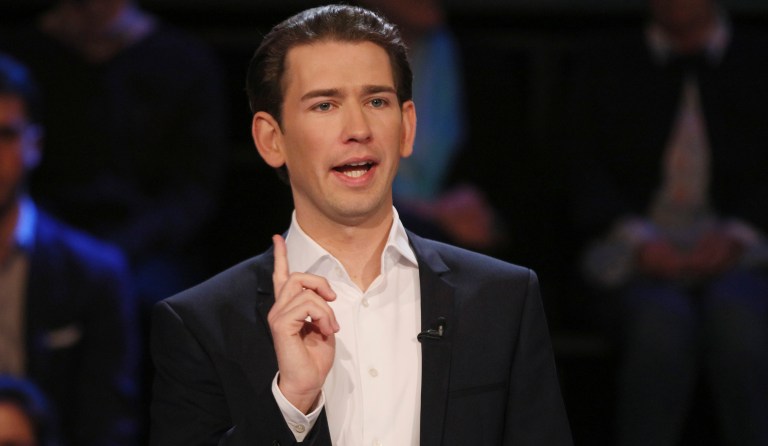 Foreign Minister Sebastian Kurz, head of Austrian People's Party, speaks in a TV debate in Vienna, Austria, Thursday, Oct. 12, 2017. Austria will hold national elections on Sunday, Oct. 15, 2017 (AP Photo/Ronald Zak)