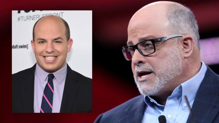 It's CNN's Brian Stelter vs. conservative talk show host Mark Levin over Trump wiretapping. Images from Conservative Review.