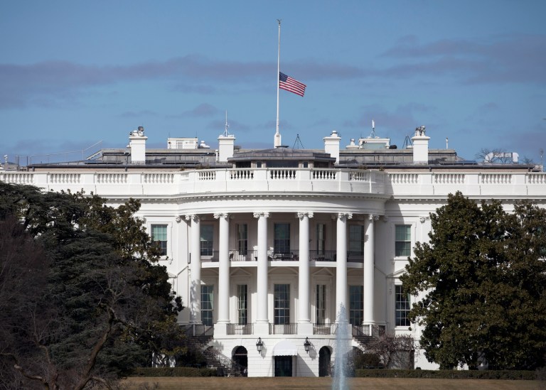 The flag flies at half-staff atop the White House in Washington in honor of former first lady Nancy Reagan. (AP Photo/Carolyn Kaster)