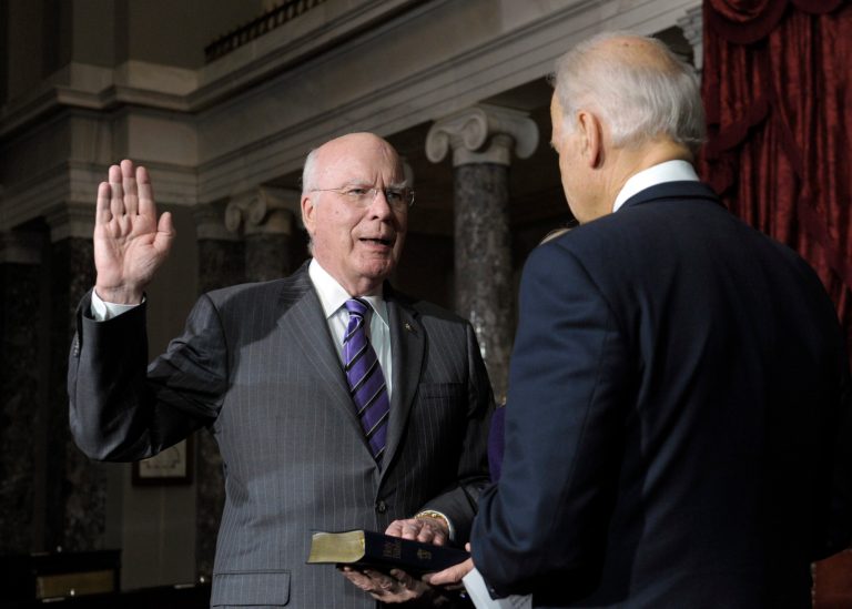   Vice President Joe Biden, right, reenacts the swearing in of Sen. Patrick Leahy, D-Vt., as President Pro Tempore of the Senate in the Old Senate Chamber on Capitol Hill in Washington, Tuesday, Dec. 18, 2012. (AP Photo/Susan Walsh)  