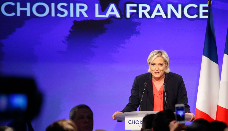 French Marine le Pen delivers a speech, Sunday in Paris after losing the election to Emmanuel Macron. (AP Photo/Michel Spingler)