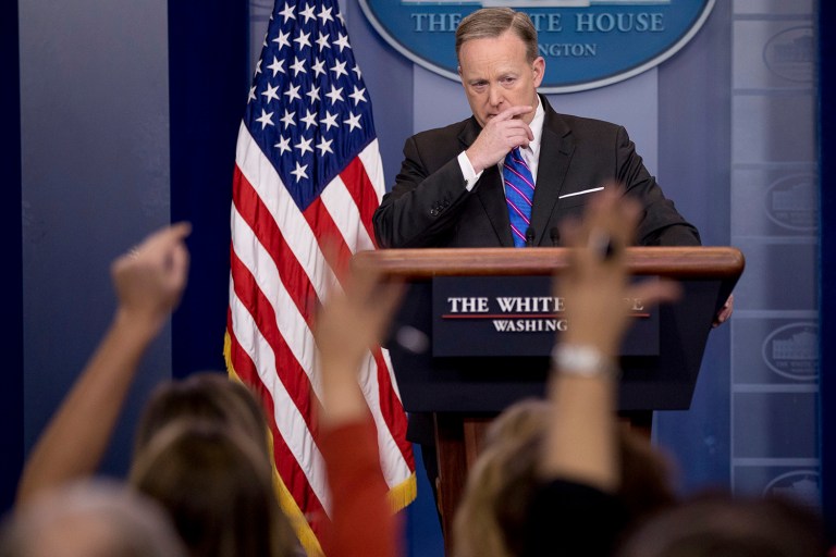 White House press secretary Sean Spicer takes a question from the media during the daily press briefing at the White House in Washington, Wednesday, March 8, 2017. (AP Photo/Andrew Harnik)