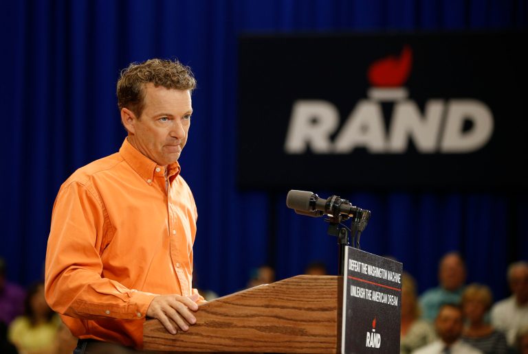 Republican Presidential candidate Sen. Rand Paul, R-Ky., speaks at a rally Saturday, April 11, 2015, in Las Vegas. (AP Photo/John Locher)