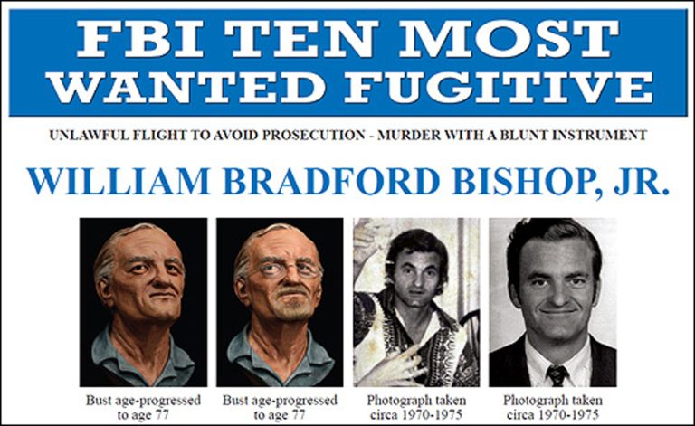 This undated handout image provided by the FBI shows the FBI's ten most wanted fugitive poster for William Bradford Bishop Jr. Bishop, diplomat suspected of killing his wife, mother and three sons in 1976.  The FBI is exhuming the body of a John Doe buried in Alabama in 1981 in its search for a 10 Most Wanted Fugitive accused of killing his family nearly 40 years ago. In court filings, the FBI says there is a strong resemblance between photos of the John Doe and former State Department diplomat William Bradford Bishop. He is accused[AP Style 2]     of using a sledgehammer to kill his wife, mother and three children in their Bethesda, Maryland, home in 1976. Their bodies were found burning in a shallow grave in Columbia, North Carolina. (AP Photo/FBI)