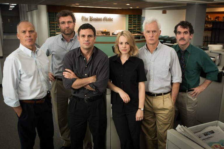 From left, Michael Keaton, Liev Schreiber, Mark Ruffalo, Rachel McAdams, John Slattery and Brian d'Arcy James in a scene from the film, 