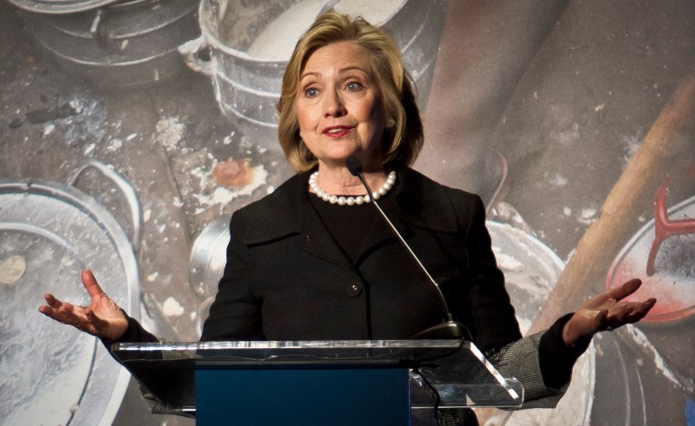 Hillary Rodham Clinton, former US Secretary of State, speaks during her keynote remarks at the Global Alliance for Clean Cookstoves summit, Friday Nov. 21, 2014 in New York. (AP Photo/Bebeto Matthews)