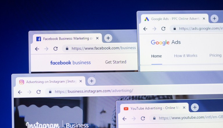 Facebook, Google, YouTube and Instagram on a computer screen.