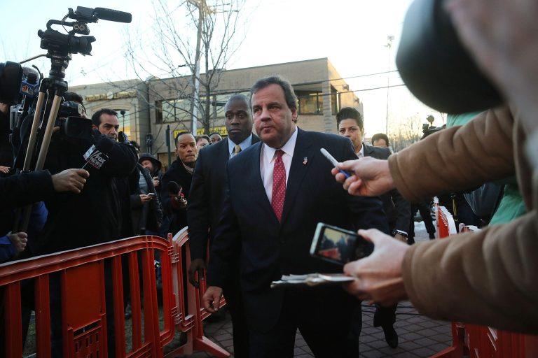 New Jersey Gov. Chris Christie enters the Borough Hall in Fort Lee to apologize to Mayor Mark Sokolich on Jan. 9 in Fort Lee, New Jersey. (Photo by Spencer Platt/Getty Images)