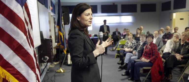 Sen. Kelly Ayotte, R-N.H., answers questions during one of her Town Hall meetings Friday Jan. 16, 2015 in Goffstown, N.H. (AP Photo/Jim Cole)