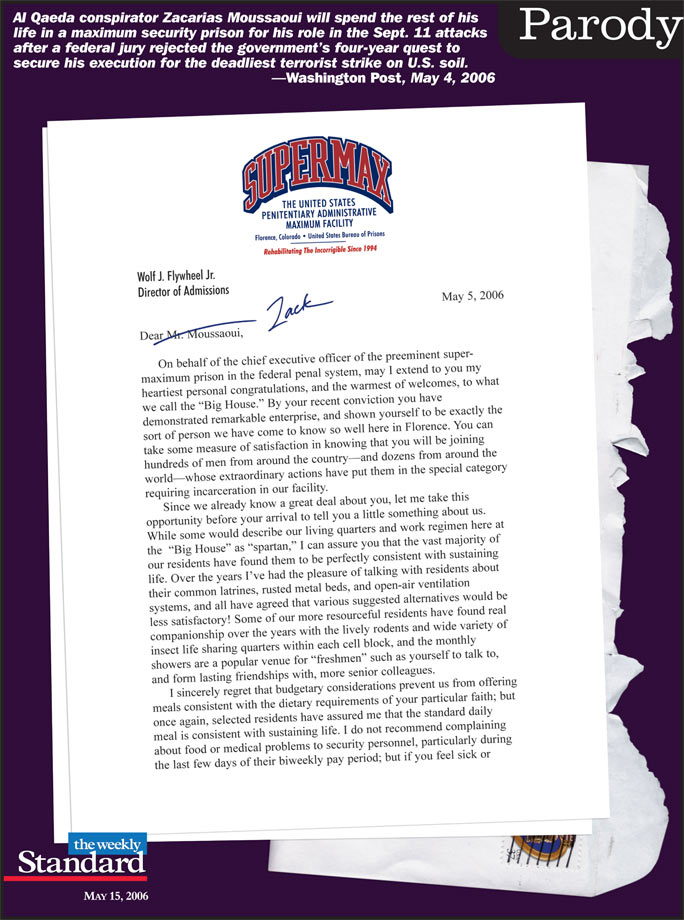 Zacarias Moussaoui’s acceptance letter to federal prison.