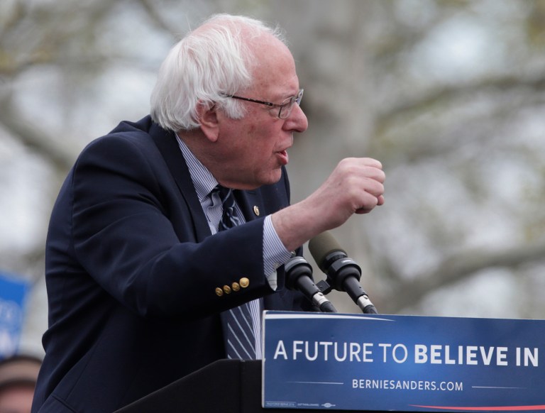 Sanders currently trails Clinton by 327 pledged delegates plus 481 superdelegates. If Sanders could convince the vast majority of Clinton's superdelegates to defect to him, he could in theory win the nomination. (AP Photo/Charles Krupa)