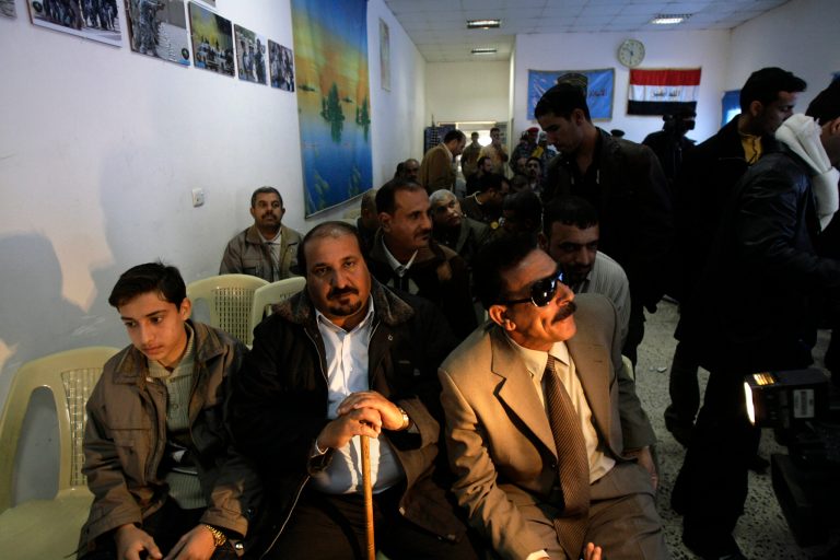 FILE -This Dec. 13, 2008 file photo shows victims and their families during a meeting with a U.S. prosecutors in Baghdad, Iraq, to discuss the case against the Blackwater Worldwide guards indicted in the fatal September 2007 shootings of 14 Iraqis in the Baghdad's Nisoor Square. The carnage turned out to be the darkest episode of contractor violence during the war and inflamed anti-American feelings around the world. The trial, which began June 11, 2014, and is expected to last months, could feature the largest group of foreign witnesses ever to travel to the U.S. to participate in a criminal trial, according to the Justice Department. (AP Photo/Khalid Mohammed, File)