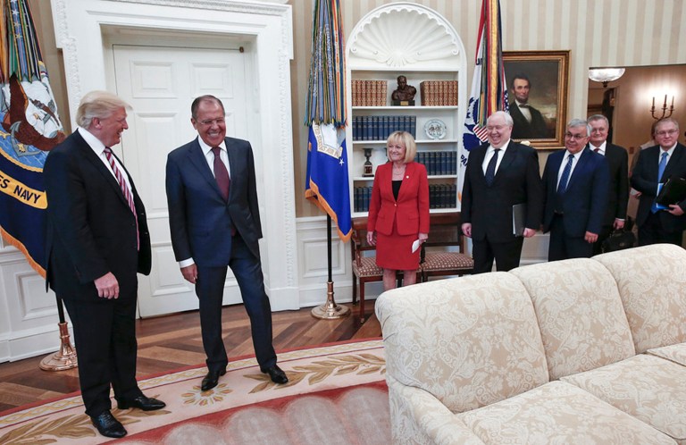 The White House has since released official photos of the meeting with Lavrov, but not with Kislyak. (Russian Foreign Ministry Photo via AP)
