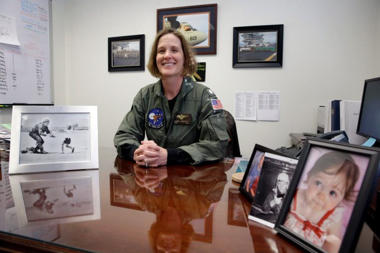 U.S. Navy Commander Valerie Overstreet poses in her office on the U.S. Naval Academy campus in Annapolis, Md. (AP/Patrick Semansky)