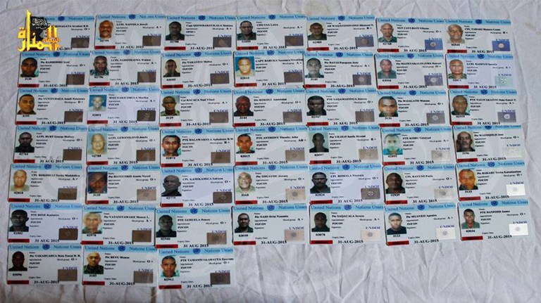 This undated image attached in a statement released on Saturday, Aug. 30, 2014 on the Hanin Network website, a militant website, shows the identification cards of Fijian UN peacekeepers who were seized by The Nusra Front on Thursday in the Golan Heights in the buffer zone between Syria and Israel. Al-Qaida-linked Syrian rebels holding 45 Fijian peacekeepers hostage have issued a set of demands for their release, including the extremist group's removal from a U.N. terrorist list and compensation for the killing of three of its fighters in a shootout with international troops, an official said Tuesday. (AP Photo/Hanin Network Website)