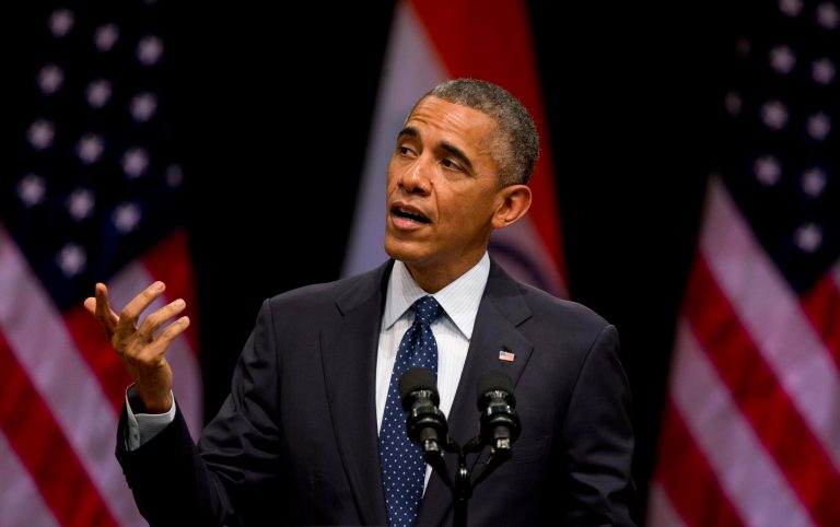U.S. President Barack Obama speaks at the Siri Fort Auditorium, a government-run event center, in New Delhi, India, Tuesday, Jan. 27, 2015. (AP Photo/Saurabh Das)