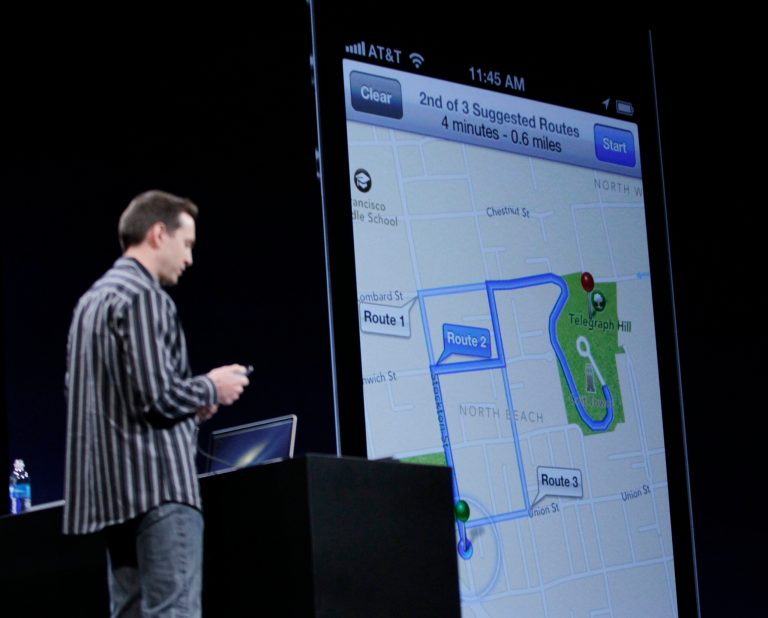   Apple's Scott Forstall talks about the new Apple Turn By Turn Directions at the Apple Developers Conference in San Francisco, Monday, June 11, 2012. New iPhone and Mac software and updated Mac computers were among the highlights Monday at Apple Inc.'s annual conference for software developers. (AP Photo/Paul Sakuma)  