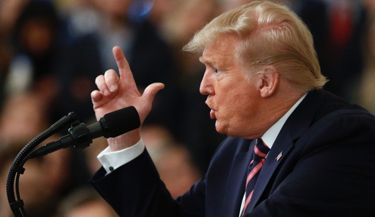 President Donald Trump gestures as he speaks in the East Room of the White House in Washington, Thursday, Feb. 6, 2020.