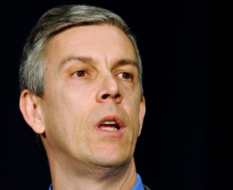 Education Secretary Arne Duncan speaks in Danbury, Conn. Senate Democrats are introducing legislation that would replace the one-sized-fits-all national standards of No Child Left Behind with ones that states write for themselves. (AP Photo/Jessica Hill,)