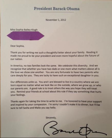 Obama writes supportive letter to a girl with same-sex parents