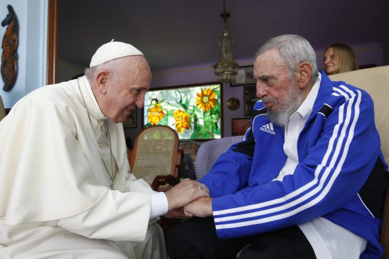 Pope Francis meets Fidel Castro in Havana, Cuba, Sunday, Sept. 20, 2015. The Vatican described the 40-minute meeting at Castro's residence as informal and familial, with an exchange of books. (AP Photo/Alex Castro)