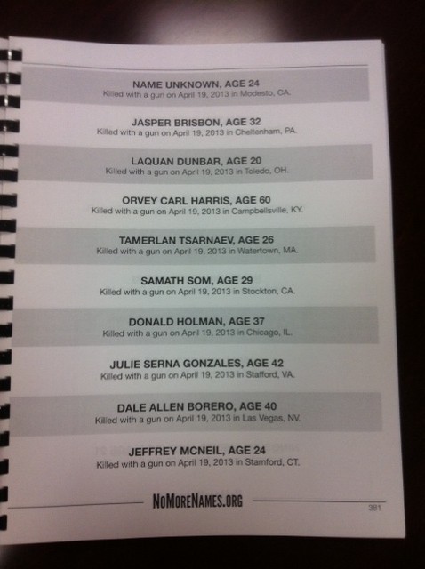 Document delivered by Mayors Against Illegal Guns to New Hampshire Sen. Kelly Ayotte shows the name of Boston Marathon terrorist Tamerlan Tsarnaev as a gun victim.