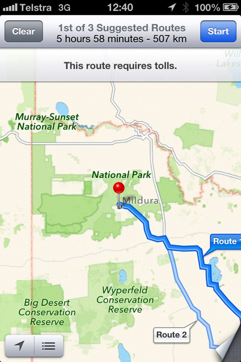   This screen shot taken Tuesday, Dec. 11, 2012, of an iPhone's Apple mapping application shows the service placing the city of Mildura 70 kilometers (44 miles) away in the Murray Sunset National Park, a desert-like 5,000 square kilometer (1,900 square mile) region with scorching temperatures and virtually no mobile phone reception. Australian police are warning the public that errors in Apple's much-maligned mapping application are leading drivers headed to the southern city to take a potentially 