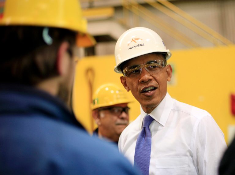 President Barack Obama tours ArcelorMittal, a steel mill in Cleveland, Thursday, Nov. 14, 2013. Obama visited the steel mill to discuss the economy and manufacturing. From Ohio the president will travel to Philadelphia to raise campaign money benefiting the Democratic Senatorial Campaign Committee (DSCC). (AP Photo/Pablo Martinez Monsivais)