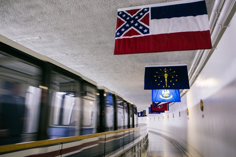The Mississippi flag hangs in the subway between the U.S. Capitol and Dirksen Senate Office Building in Washington, Tuesday, June 23, 2015. (Graeme Jennings/Examiner)